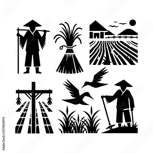 Rural farming icons depicting agricultural life and labor