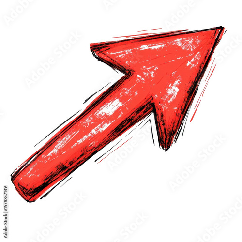 Hand-drawn red crayon arrow pointing up-right with textured strokes on a transparent background.
