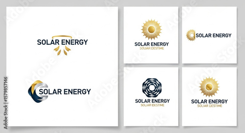 Energy Company Branding Modern Solar Logos for Sustainable Business Identity and Eco-Friendly Brand Recognition featuring sun graphics with various designs.