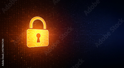 Glowing padlock icon on a dark background with digital circuit board pattern and binary code overlay ai generated 