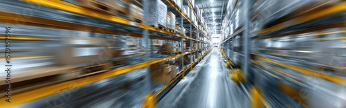 A dynamic perspective of a warehouse interior, showcasing rows of stacked goods on metal shelving with yellow accents. The motion blur effect suggests rapid movement or activity within the facility