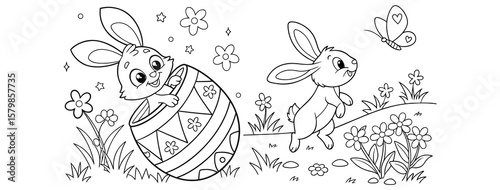 bunny painting easter egg and some flowers, coloring page ready to print on standard 8.5x11 inch paper. eps file.