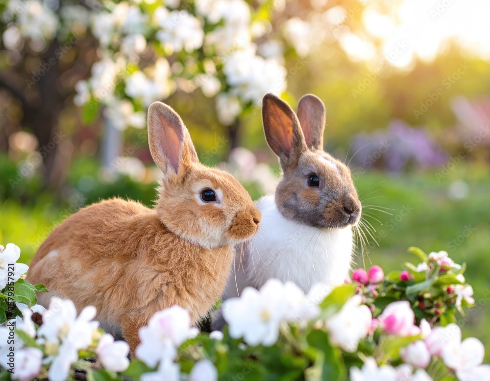Fototapeta premium Two rabbits in a spring garden