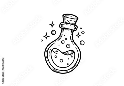 Potion Bottle Outline Illustration with Bubbles and Stars | Magical Elixir in Simple Black and White Drawing for Fantasy Graphics and Halloween Designs