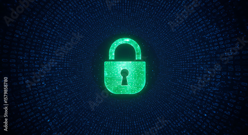 A glowing green padlock with circuit board design on a dark blue binary code background security concept ai generated 