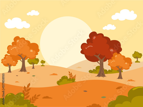 Autumn landscape illustration with tree, sun and cloud. Aesthetic autumn view cartoon. Can be used for wallpaper, kid room decoration
