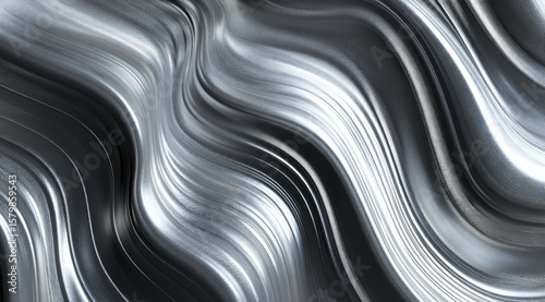 Abstract grayscale image featuring undulating, metallic-like waves with varying shades of gray, creating a smooth, flowing, and reflective texture