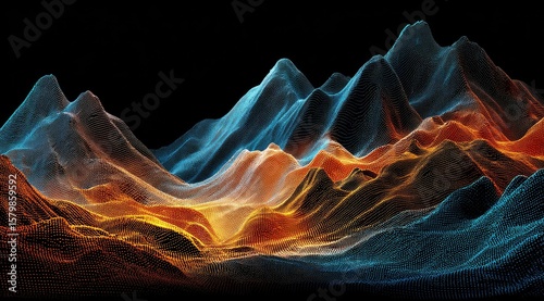 Abstract landscape of vibrant, multicolored, glowing, particle mountains against a black background.  The peaks and valleys create a dynamic, three-dimensional effect