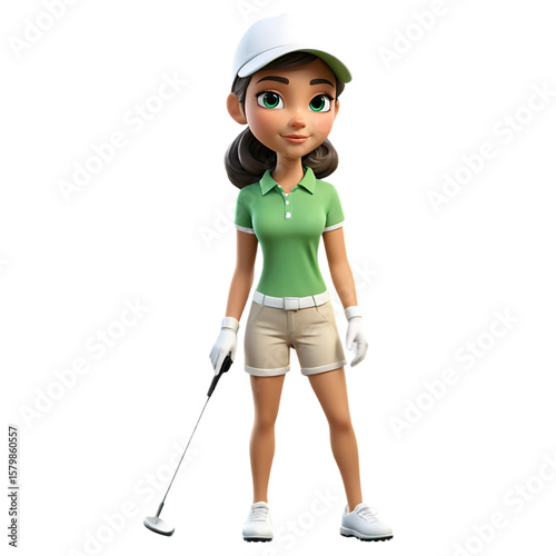 A cute 3D cartoon character of a female golfer with green eyes and a green polo - AI Generated