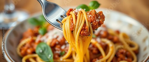 Close-up of spaghetti bolognese on a fork, classic Italian restaurant dish,  yummy,   brown