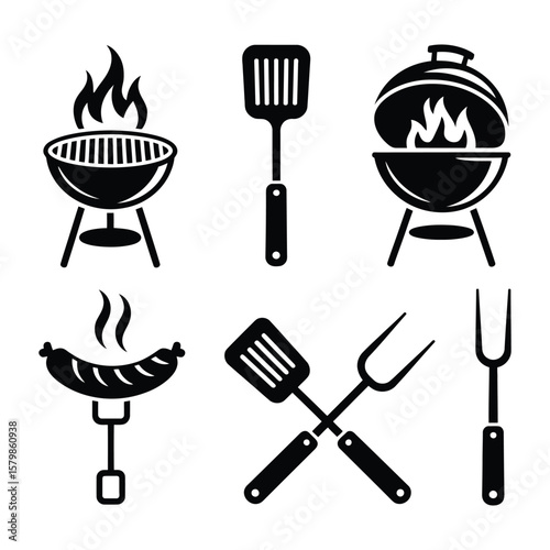 Outdoor BBQ Grilling Icons: Barbecue Tools, Food, and Flames Silhouette Set