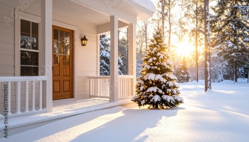 Snowy home with Christmas tree