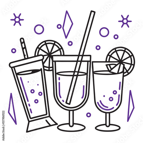 Minimalist line art illustration of two juice glasses with straws