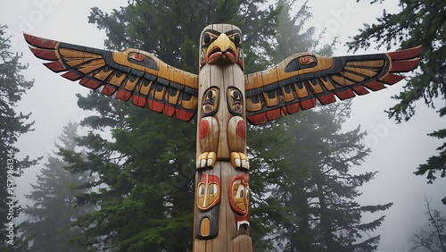 A totem pole stands tall amidst a forest with a misty atmosphere, showcasing cultural heritage.