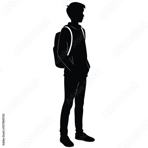 Silhouette Illustration of a Young Man with Hoodie, Jeans, Backpack, and Shoes