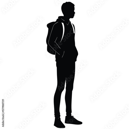 Silhouette Illustration of Young Man Wearing Hoodie and Backpack Standing in Profile