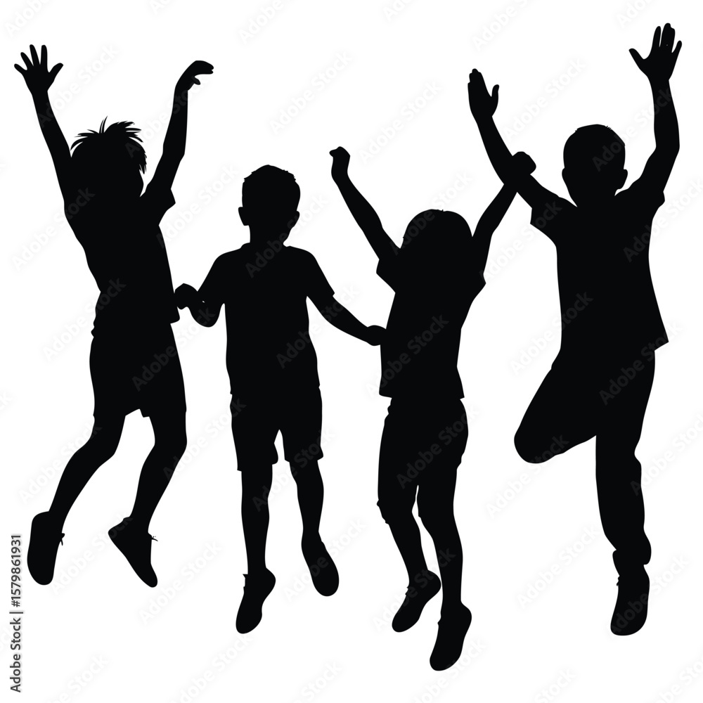 Fototapeta premium Silhouette of Four Children Jumping and Holding Hands with Joyful Expressions on White