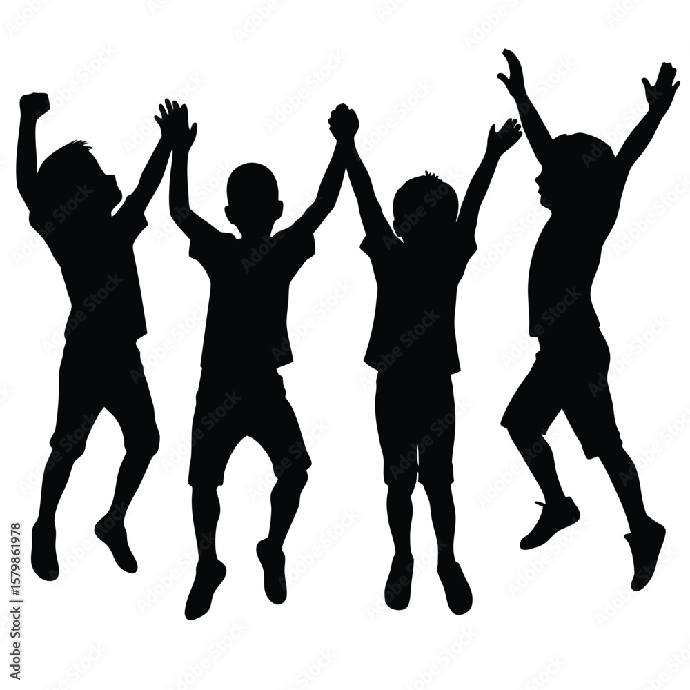 Fototapeta premium Silhouette of Four Children Jumping, Celebrating Together with Hands Up in Air
