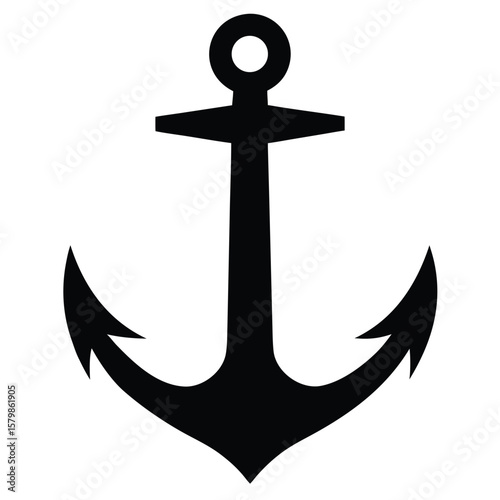 Silhouette of Black Anchor on White Background, Nautical Symbol of Hope and Stability