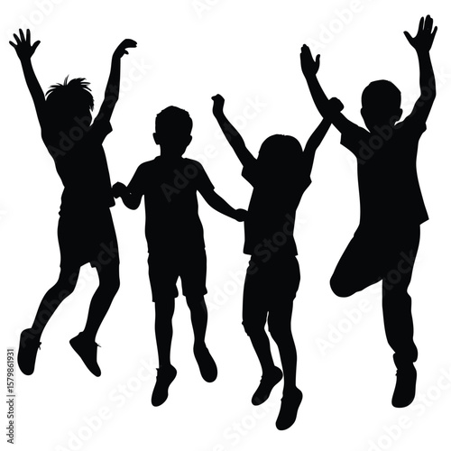 Silhouette of Four Children Jumping and Holding Hands with Joyful Expressions on White