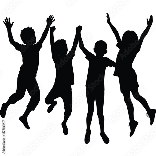 Silhouette of Four Cheerful Children Jumping with Hands Up in the Air
