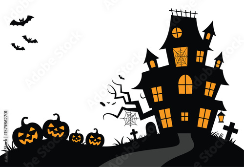 Haunted House Silhouette Illustration Featuring Spooky Trees, Bats, and Full Moon Perfect for Halloween Designs, Party Invitations, Digital Art, Posters, and Scary Seasonal Graphics

