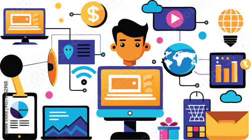 An illustration depicting aspects of online marketing, often featuring hands interacting with digital devices and web-related icons like shopping carts, dollar signs, and analytic