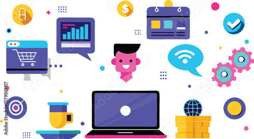 An illustration depicting aspects of online marketing, often featuring hands interacting with digital devices and web-related icons like shopping carts, dollar signs, and analytic