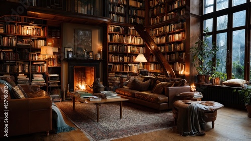 Cozy interior of a vintage library with warm lighting, bookshelves filled with old books