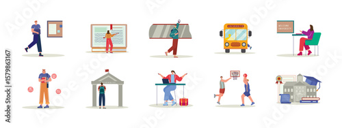 University illustrations set. Activities on campus, university study. Flat vector illustration packs.