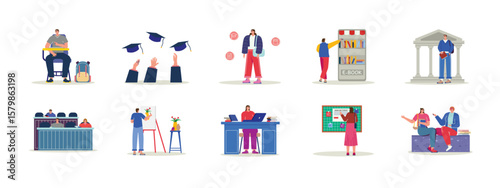 University illustrations set. Activities on campus, university study. Flat vector illustration packs.
