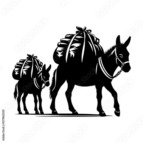 Two black donkeys carrying large bundles on their backs