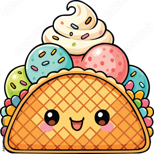 Cute Kawaii Ice Cream Taco Vector Illustration Happy Waffle Shell with Colorful Scoops, Whipped Cream, and Sprinkles, Perfect for Kids Menu, Summer Treats, and National Ice Cream Day Design