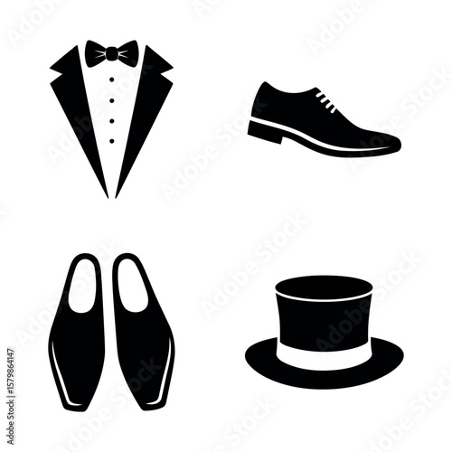 Classic formal wear icons tuxedo shoes and top hat