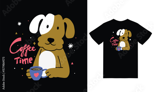 Cute dog holding coffee cup illustration with tshirt design premium vector