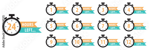 Countdown timer set from 1 to 24 hours. Color hours icon. Countdown hours left from 1 to 24 hours badge set for social media post, promotion, promo offer. Flat design. Isolated vector illustration.