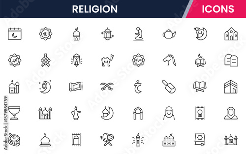 Vector illustration web line icon collection for Religion, featuring sacred symbols, rituals, and spiritual elements, designed with clean lines and modern aesthetics.
