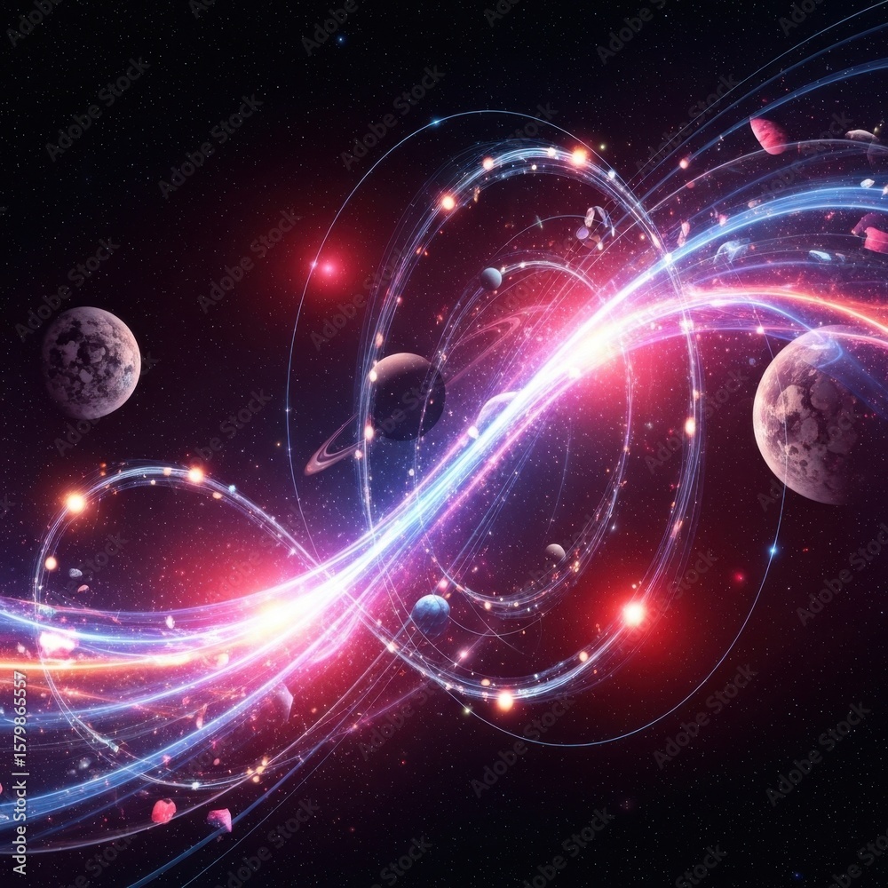 Obraz premium Cosmic Spiral Nebula with Planets and Celestial Orbits