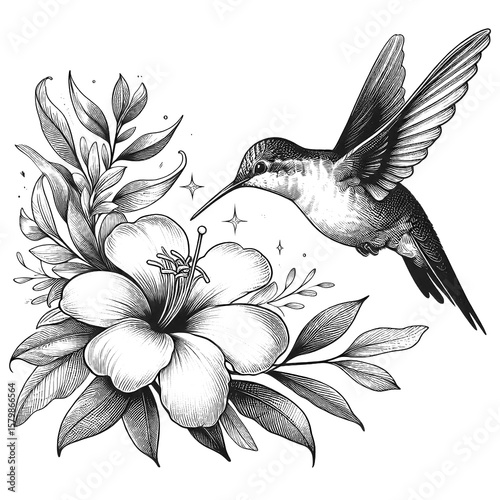 A delicate hummingbird hovering near A blooming flower, line sketch engraving, white background.