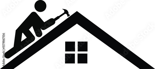 Roofer icon. Worker repairing roof sign. Roofer worker on roof symbol for work symbol. flat style.
