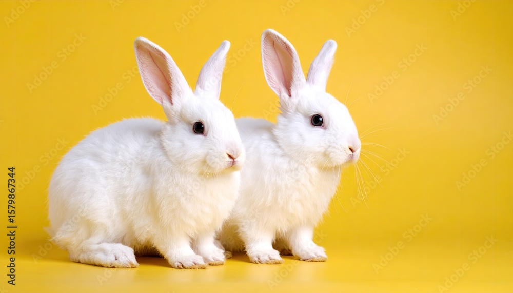 Obraz premium Two white rabbits on yellow background (1)