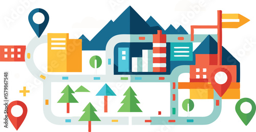 An illustration featuring a map with a clearly marked route, often including destination pins, travel icons, or a winding path