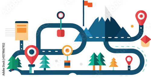 An illustration featuring a map with a clearly marked route, often including destination pins, travel icons, or a winding path