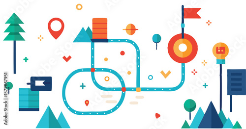 An illustration featuring a map with a clearly marked route, often including destination pins, travel icons, or a winding path