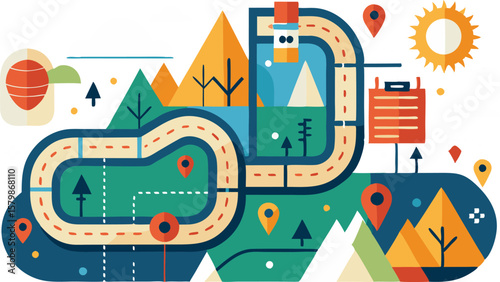 An illustration featuring a map with a clearly marked route, often including destination pins, travel icons, or a winding path
