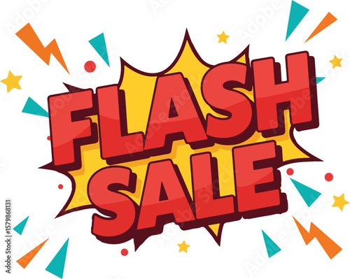 flash sale fun doodle font with comic-style boom icon, arrows and motion sparks