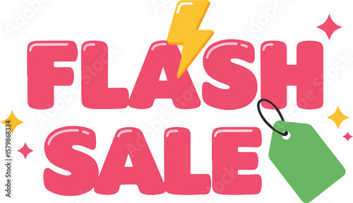 flash sale playful rounded font with lightning, price tag and sparkles