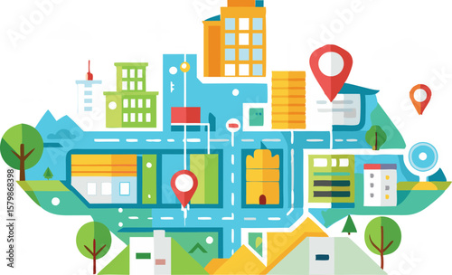 An illustration featuring a map with a clearly marked route, often including destination pins, travel icons, or a winding path