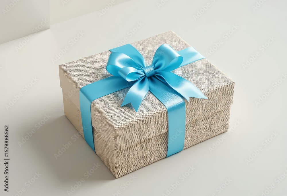 Obraz premium Elegant silver gift box tied with a satin blue ribbon, perfect for special occasions like birthdays, weddings, anniversaries and corporate gifting delight
