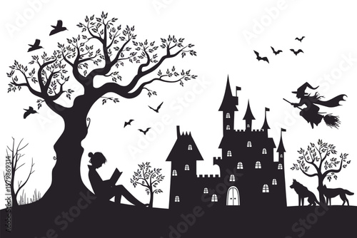 Kind liest Märchenbuch Illustration mit Fantasieelementen wie Feen, Drachen und Schloss Ideal für Kinderbuchcover, Bildungsposter, digitale Kunstwerke und märchenhafte Designs

